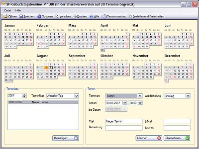 SF-Geburtstagstermine - Software zum Termine verwalten