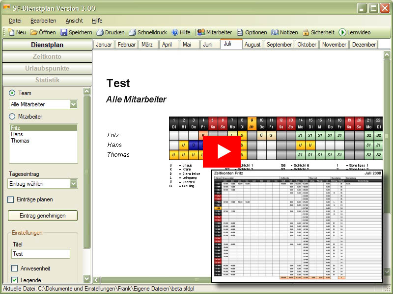 Screenshot vom Programm: SF-Dienstplan