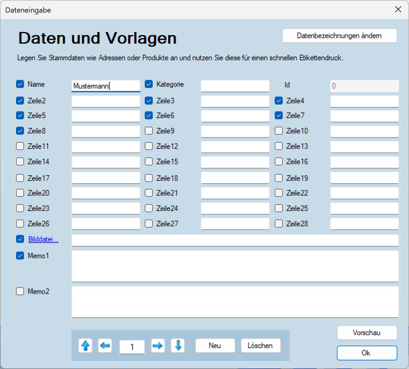 SF-Etikett mit Datenbank und Etikettenvorschau