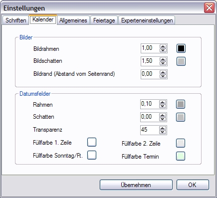 Fixfotokalender Optionen